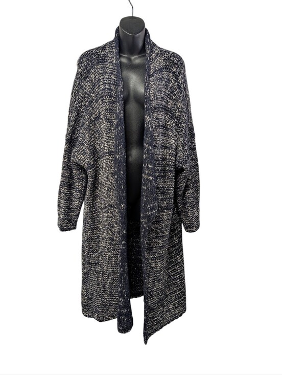 Sweaters - Italian Made Navy Silver Wool Blend Long Open Front Knit Cardigan Duster Sz 1